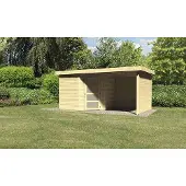 Karibu Woodfeeling tuinhuis, model Schwandorf 5, in een set met een aanbouwoverkapping. Breedte: 2,40 meter. Zij- en achterwanden: 19 mm, onbehandeld hout. Artikelnummer: 77748
