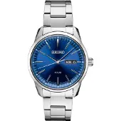 Seiko solar zilver heren horloge met blauwe wijzerplaat & roestvrij stalen band