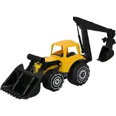 Plasto Tractor met Voorlader en Graafarm Geel 57 cm - Speelgoedvoertuig - Backhoe - Graafarm - Grote Tractor - BPA-vrij - Gemaakt in Finland - Vanaf 1 Jaar