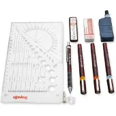 Rotring Isograph-pennenset technische pen en vulpotlood collegeset | 3 fineliners (0,2 mm, 0,4 mm, 0,6 mm) en mechanisch vulpotlood (0,5 mm) plus accessoires | 9 stuks