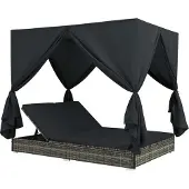 vidaXL Loungebed met gordijnen poly rattan grijs