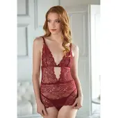 Erotic Treasure Allure Lingerie - Lace Chemise with G-string - Burgundy