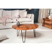 Invicta Ronde massief houten salontafel MOSAIK 70cm natuurlijk teakhout haarspeldpoten zwart metaal handgemaakt - 39540