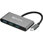 Sandberg USB-adapter - - USB-C naar 3 x USB 3.0 - Kleur Grijs - Meervoudige aansluiting - Compatibel met computer