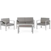 Beliani Tuinset tweezitsbank 2 fauteuils salontafel wit/grijs aluminium kunsthout 4-zits kussens