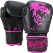 Super Pro Combat Gear Warrior Lederen (Kick)Bokshandschoenen - Zwart/Roze - 6 oz