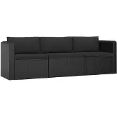 vidaXL 3-delige Loungeset met kussens poly rattan zwart