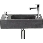 Differnz Sapon fonteinset - 42x18.5x9cm - Rechthoek - 1 kraangat - Met sifon fontein en afvoerplug - Natuursteen Zwart