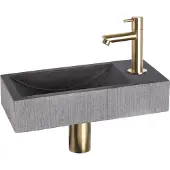 Differnz Fonteinset Ribble Natuursteen 38x18x8 cm Zwart Met Rechte Kraan Mat Goud