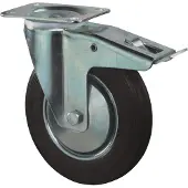 Bouwsales Zwenkwiel, zwart rubber wiel met stalen velg en rollager + rem, 205kg m/rem 200mm