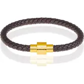 Memphis armband leer met edelstaal Donkerbruin Goud-24cm