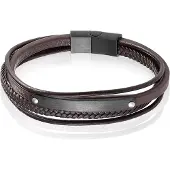 Mendes Heren Armband Bruin Leer Edelstaal ID Graveerplaat Zwart-19cm