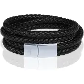 Memphis dubbele wrap armband Leer Zwart Zilver-20cm