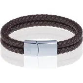 Memphis dubbele leren armband Bruin Zilver-20cm