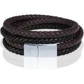 Memphis dubbele wrap armband Duo Leer Bruin Zwart Zilver-23cm