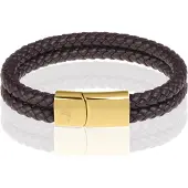 Memphis dubbele leren armband Donkerbruin Goud-24cm