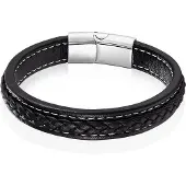 LGT JWLS LGT Jewels Heren Armband Zwart Leer Stitched Edelstaal Sluiting-23cm