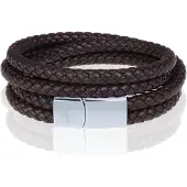 Memphis dubbele wrap armband Leer Bruin Zilver-22cm
