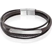 Mendes Heren Armband Bruin Leer Edelstaal ID Graveerplaat Zilverkleurig-19cm