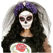 Widmann Sluier met paarse rozen en een schedeltje voor Halloween