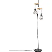 QAZQA Landelijke vloerlamp zwart met hout 2-lichts met kap - Dami Frame