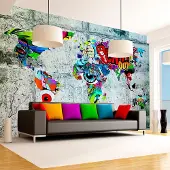 Karo-art 392cm X 280cm - Zelfklevend fotobehang - Wereldkaart,Graffiti op betonnen muur, premium print, 8 maten, eenvoudig aan te brengen, instructie bijgevoegd