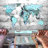 Karo-art 343cm X 245cm - Zelfklevend fotobehang - Wereldkaart Blauwe Continenten, Premium print