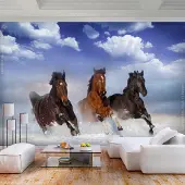 Karo-art 441cm X 315cm - Zelfklevend fotobehang - Wilde paarden in de sneeuw, premium print