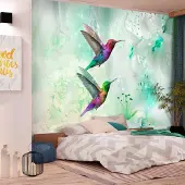 Karo-art 98cm X 70cm - Zelfklevend fotobehang - Kleurrijke Kolibries, Groen, Premium print