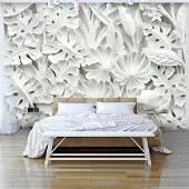 Karo-art 343cm X 245cm - Zelfklevend fotobehang - Witte Bladeren, Prachtig achtergrond behang, Premium print