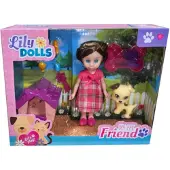 Johntoy tienerpop met hond Lily Dolls 9 cm bruin 9 delig