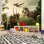 Karo-art 294cm X 210cm - Zelfklevend fotobehang - Dinosaurus in het bos, groen/bruin, 8 maten, Premium Print, geen lijm nodig, instructie bijgesloten, water- en UV bestendig