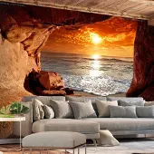 Karo-art 392cm X 280cm - Zelfklevend fotobehang - Uitzicht op zee uit een grot , Premium Print