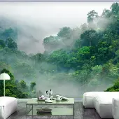 Karo-art 392cm X 280cm - Zelfklevend fotobehang - Ochtend mist in bos , Premium Print