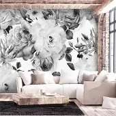 Karo-art 147cm X 105cm - Zelfklevend fotobehang - Wit Grijze Bloemen , Premium Print