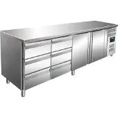 Saro RVS Koelwerkbank | 2 deuren en 6 laden | 223 x 70 x 89/95 cm (Lager dan 90 cm;90 tot 150 cm;)