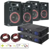 Mega geluidsset met 4 speakers, 2 versterkers en aansluitmateriaal.