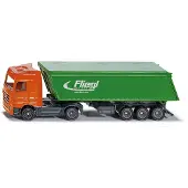 Siku 1796, Mercedes-Benz Vrachtwagen, schaal 1:87, metaal/kunststof, met afneembaar dakzeil van elastisch kunststof, beweegbare opening, loskoppelbare opleggeMet Kiptrailer Oranje/groen (1796)