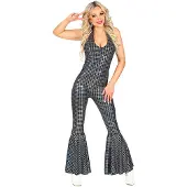 Finidi Mooie zilveren jumpsuit voor disco party jaren 70