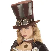 E-Carnavalskleding.nl Extra hoge hoed steampunk bruin met stofbril