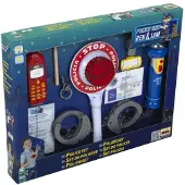 KleinToys Toys 10-delige politie set - handboeien met sleutel, mobiele speelgoedtelefoon, fluitje, politiescheplepel met zwaailicht en zaklamp - rood wit blauw