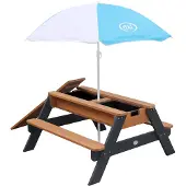Axi Nick Zand & Water Picknicktafel in Antraciet/Bruin - Parasol Blauw/Wit - Picknick tafel voor kinderen van hout