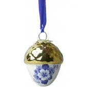 Heinen Delfts Blauw kerstbal noot met gouden dopje