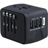 Fedec Universele Wereldstekker met 3 USB-poorten en 1 USB-C poort - Voor 150+ Landen - Zwart