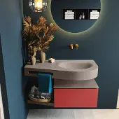 Mondiaz riva 100 cm badmeubel onderkast /planchet kleur fire met 1 lade. Wastafel dulcet rechts 0 kraangaten kleur smoke.