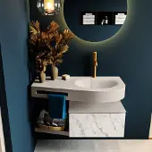 Mondiaz riva 100 cm badmeubel onderkast /planchet kleur carrara met 1 lade. Wastafel dulcet rechts 1 kraangat kleur linen.