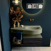 Mondiaz riva 100 cm badmeubel onderkast /planchet kleur antracite met 1 lade. Wastafel dulcet rechts 0 kraangaten kleur army.