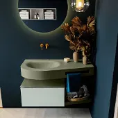 Mondiaz riva 100 cm badmeubel onderkast /planchet kleur greey met 1 lade. Wastafel dulcet links 0 kraangaten kleur army.