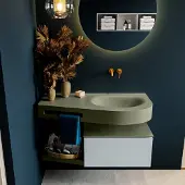 Mondiaz riva 100 cm badmeubel onderkast /planchet kleur clay met 1 lade. Wastafel dulcet rechts 0 kraangaten kleur army.