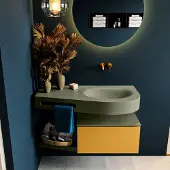 Mondiaz riva 100 cm badmeubel onderkast /planchet kleur ocher met 1 lade. Wastafel dulcet rechts 0 kraangaten kleur army.